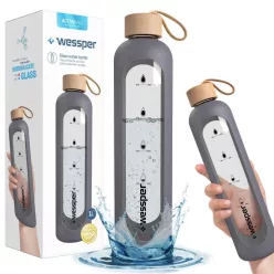   Wessper ActiveMax Crystalline Motivációs Üvegpalack Szilikon Tokkal - 1 liter - Szürke (WES051)