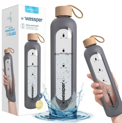 Wessper ActiveMax Crystalline Motivációs Üvegpalack Szilikon Tokkal - 1 liter - Szürke (WES051)