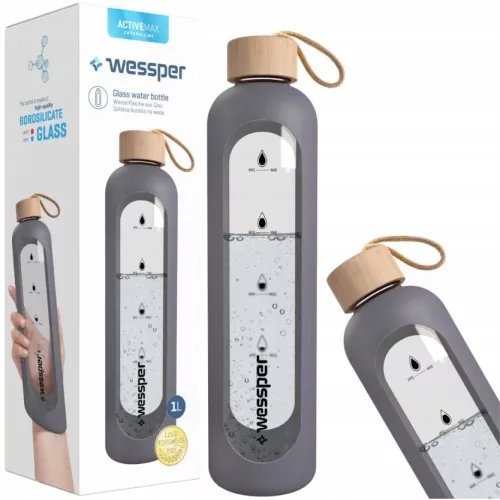 Wessper ActiveMax Crystalline Motivációs Üvegpalack Szilikon Tokkal - 1 liter - Szürke (WES051)