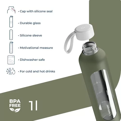 Wessper Activemax Crystalline Motivációs Üvegpalack - 1 literes - Olíva zöld